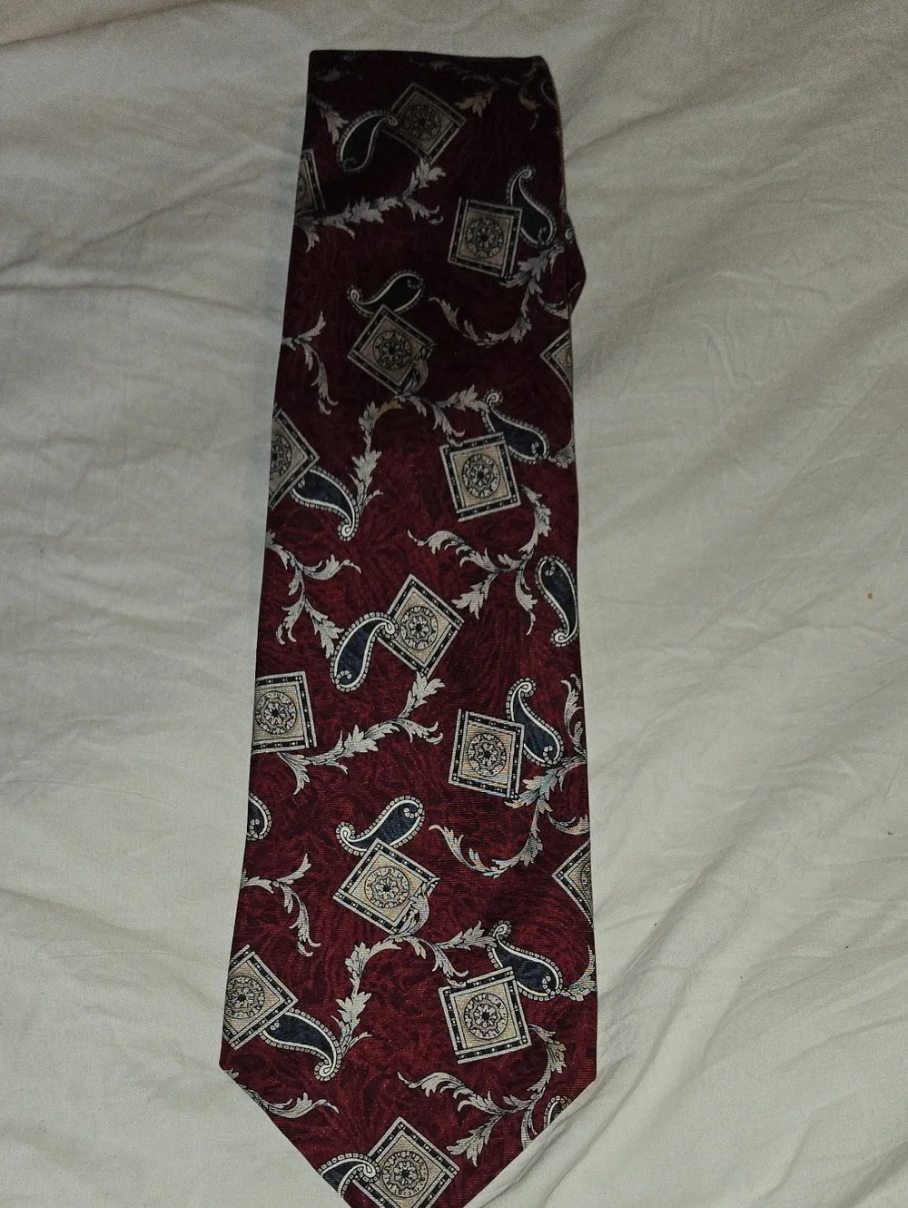 : Vintage Pierre Cardin 100% Silk Tie Burgundy Green Khaki Cream Geometric 59